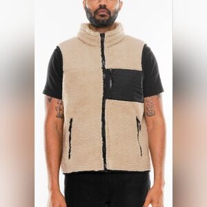Men's Beige and Black  Sleeveless Sherpa Zip Up Vest with Pockets S-3XL